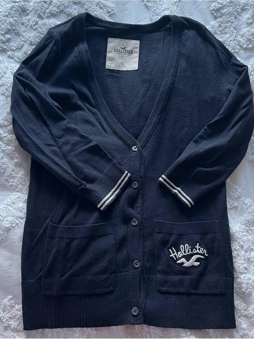 Vintage Hollister Navy Button-Front Cardigan with Stripe Cuffs